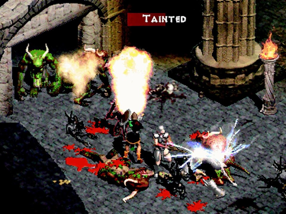 Teamwork im Battlenet: Die Amazone beharkt unten einen Geist und einen Teufel mit ihren Pfeilen, während oben die Magierin nahende Biester mit einem Feuerstrahl abwehrt.