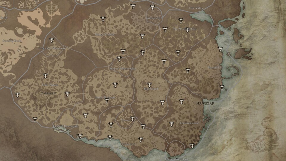 Diese Karte zeigt euch jeden Lilith Altar in der Region Hawezar. Die Karte wurde mithilfe der Seite d4planner.io erstellt.