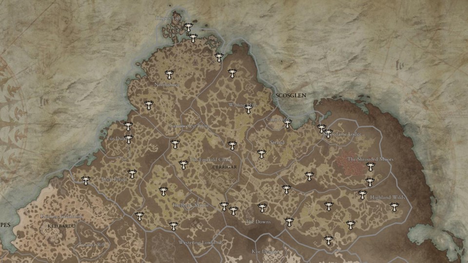 Diese Karte zeigt euch jeden Lilith Altar in der Region Scosglen. Die Karte wurde mithilfe der Seite d4planner.io erstellt.
