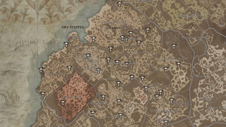 Diese Karte zeigt euch jeden Lilith Altar in der Region Trockensteppe. Die Karte wurde mithilfe der Seite d4planner.io erstellt.
