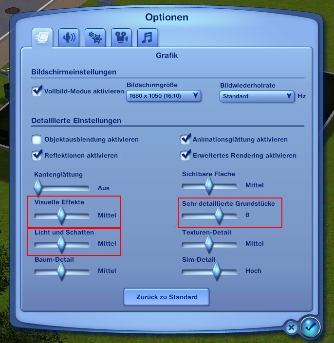 Die Sims 3: Grafikmenü