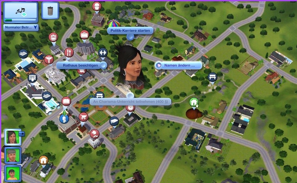 Auf der übersichtlichen Stadtkarte schicken wir unsere Sims von Ort zu Ort.