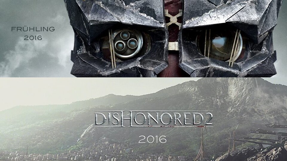 Verschiebt sich Dishonored 2 auf unbestimmte Zeit? Das Wort &quot;Frühling&quot; wurde aus den Titelbildern von Facebook und Twitter gestrichen. Oben im Bild: Alte Version, unten im Bild: das ausgetauschte Motiv.