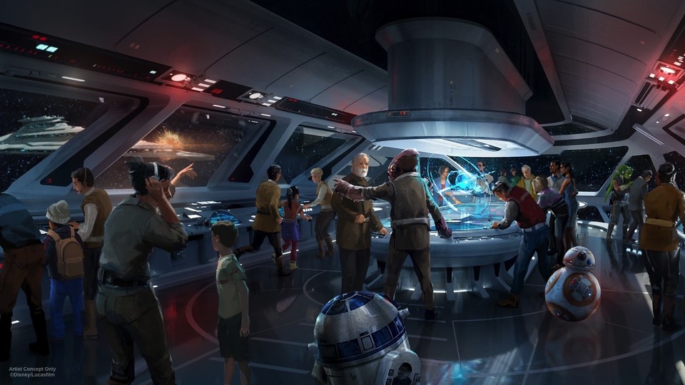 So stellt sich Disney einen Besuch der Hotelgäste auf der Brücke der Star-Wars-Hotel-Raumschiffe vor.