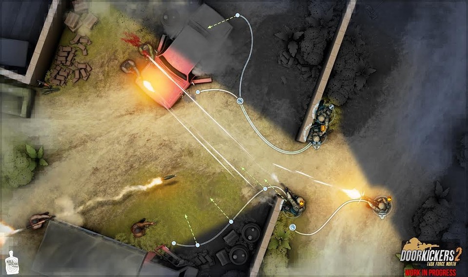 Door Kickers 2 bietet neue Optionen: Hier lehnt sich ein Operator um die Ecke, um eine Sichtlinie herzustellen. Der Gegner entwortet mit Raketenbeschuss. Bisher gibt es nur einen Screenshot zum Spiel.