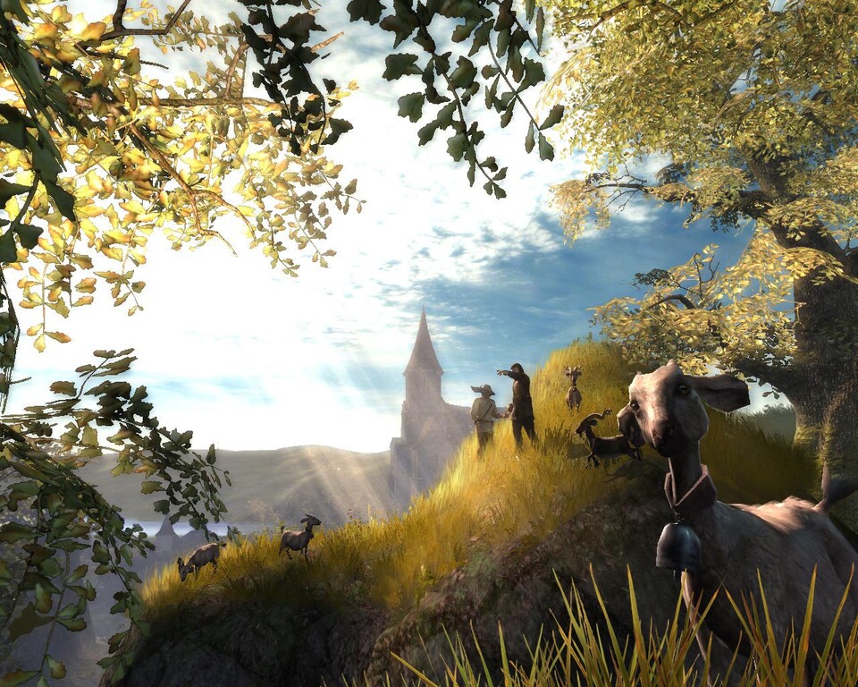 Echte Fantasy-Idylle: Panorama mit Ziegen.
