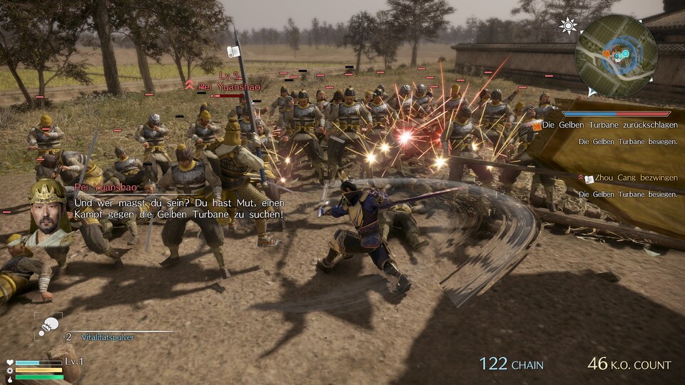 Die Standardgegner aus Dynasty Warriors sind auch zu Hunderten keine große Herausforderung. Bei Hauptmännern dagegen lohnt es sich schon eher, mal einen Konter oder eine Spezial-Attacke einzusetzen.