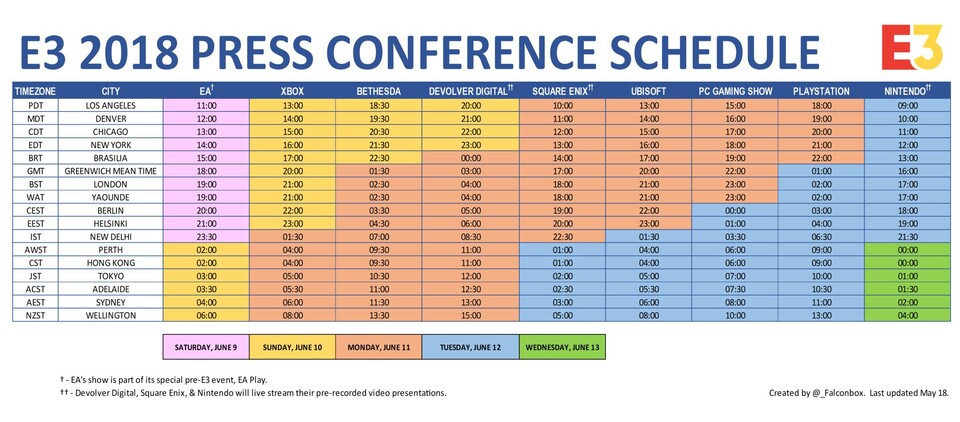 Der Zeitplan zeigt alle Pressekonferenzen der E3 2018.