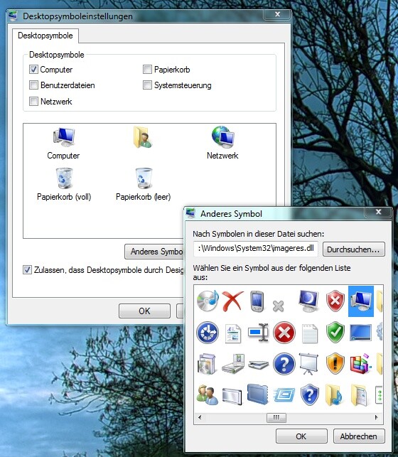 Hier wählen Sie aus, welche Symbole auf dem Desktop angezeigt werden sollen und können diese gegebenenfalls ändern. Allerdings enthält ein gespeichertes Design nur die Angaben über geänderte Icons. Die Information, ob Symbole angezeigt werden oder nicht, wird vom aktuellen Zustand beibehalten.