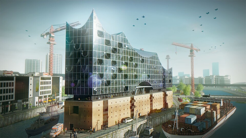 Auch in Emergency 5 noch nicht fertig: Die Elbphilharmonie in Hamburg. Bis zu 20km² Stadtgebiet soll jede der drei Metropolen im Spiel umfassen.