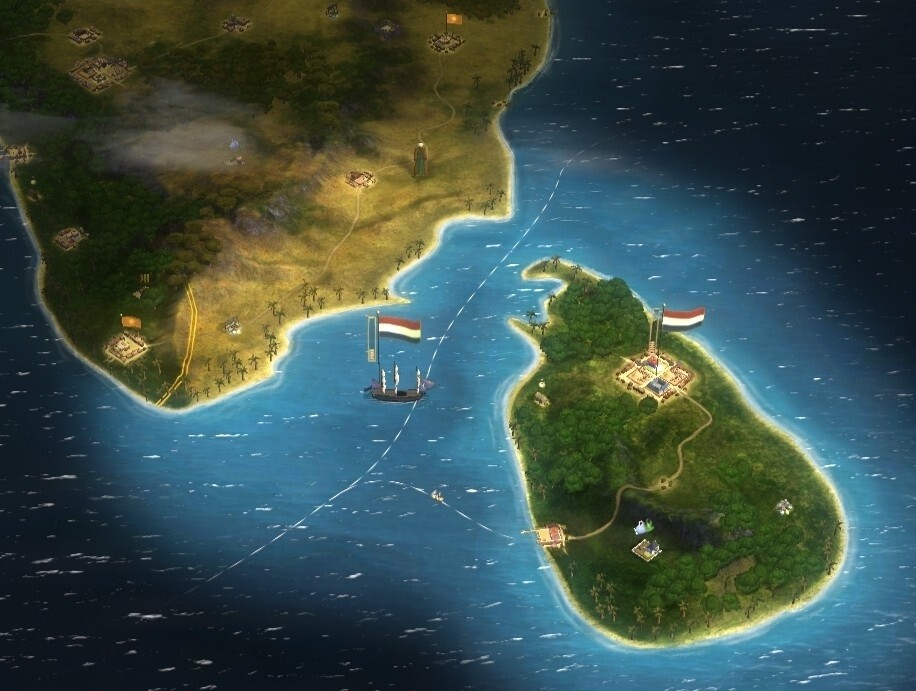 Holland hat Ceylon (das heutige Sri Lanka) erobert, um die dortigen Teeplantagen auszubeuten. Vom Hafen aus führen gestrichelte Handelsrouten in ferne Länder.