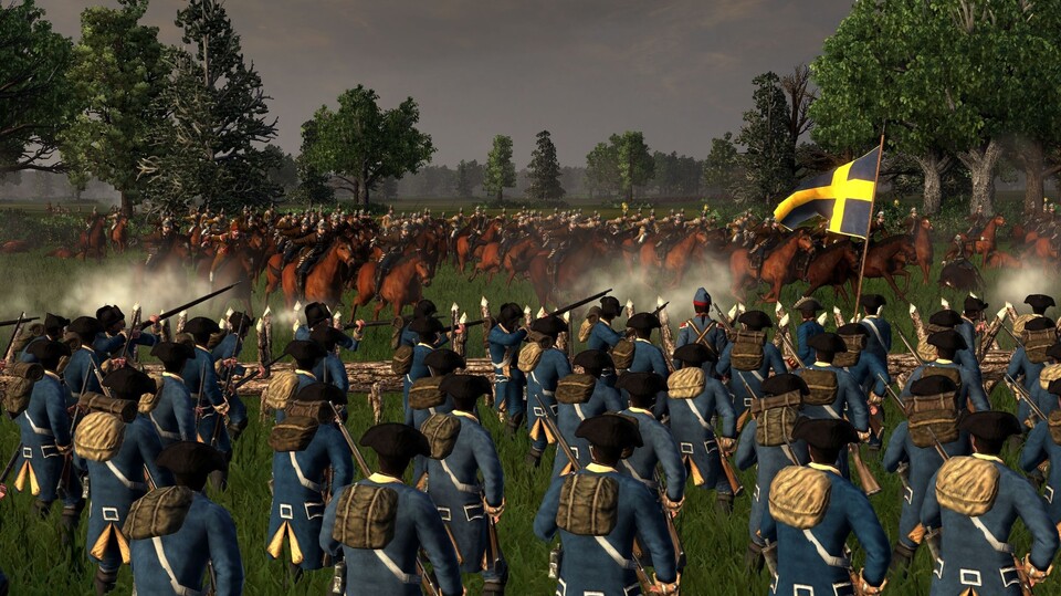 Die Infanteristen haben einen Pfahlwall errichtet, um sich vor der herangaloppierenden Kavallerie zu schützen.