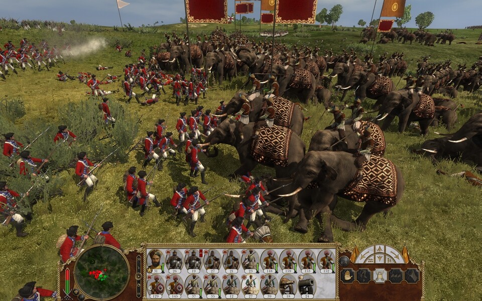 Die Eingeborenen stampfen mit mächtigen Kriegselefanten über die Schlachtfelder.