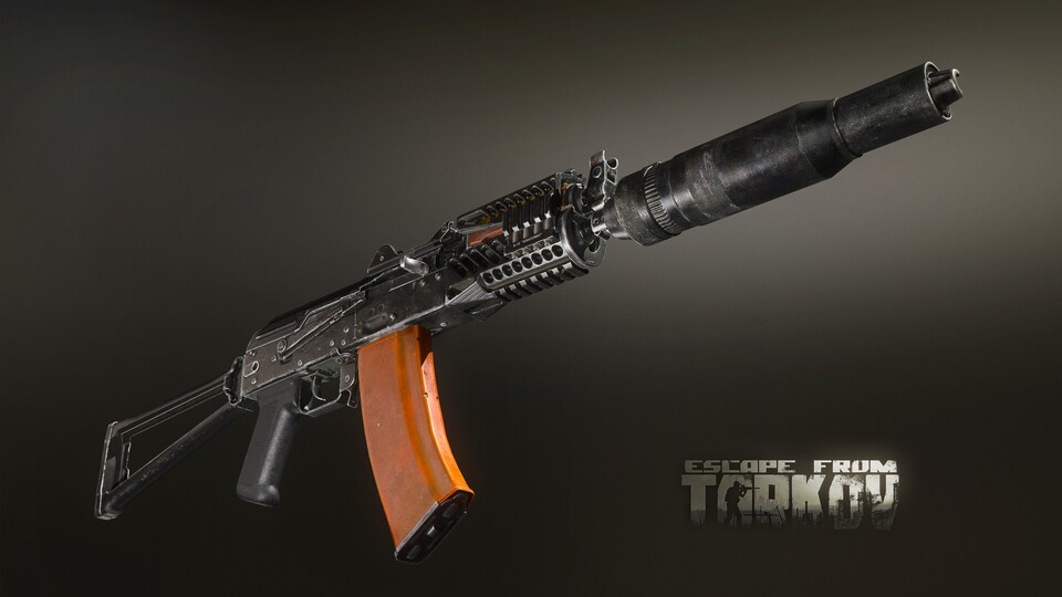 Ein detailierte Kalashnikov-Waffe aus Escape from Tarkov.