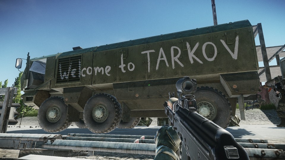 Willkommen in Tarkov! Dank russicher Gastfreundlichkeit ist der Spruch sogar auf englisch zu lesen.