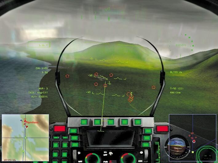 Am häufigsten werden Sie das Spiel aus der Cockpit-Perspektive steuern. Die Gegner sehen Sie dabei in der Regel nur als rote Icons in Ihrem HUD. (800x600)