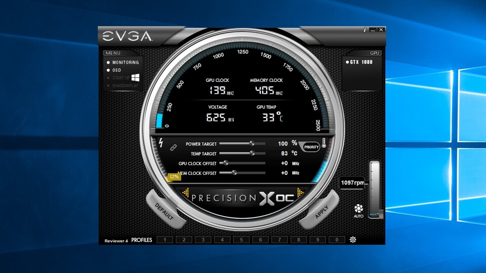 Für die Übertaktung der neuen Geforce GTX 1080 von Nvidia nutzen wir eine Beta-Version des Tools PrecisionX vom Grafikkartenhersteller EVGA.