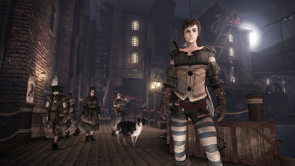 Die Heldin streunt mittellos durch ein Hafenviertel.Wie Sie sehen, ist der Hund aus (dem für den PC nicht erschienenen) Fable 2 wieder mit dabei.