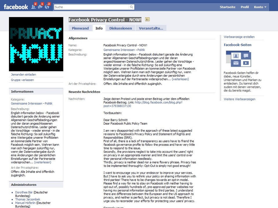 Gruppe: Facebook Privacy Control - NOW!