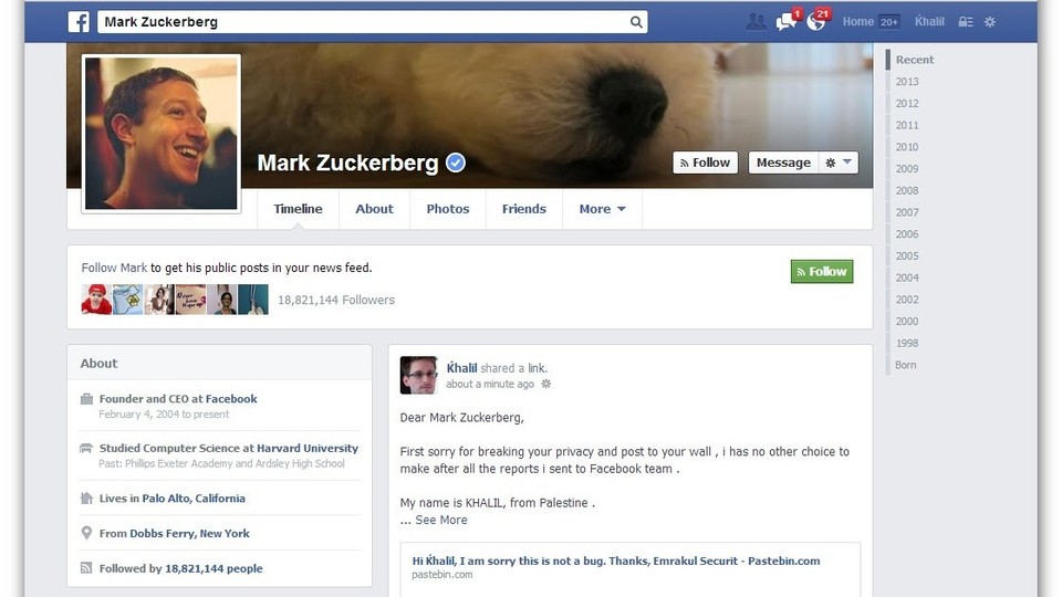Der Eintrag von Khalil direkt auf Mark Zuckerbergs Seite.