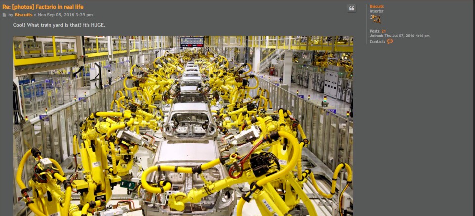 Die Roboterarme einer Autofabrik (hier ein Bild im Factorio-Forum) sind das wohl bekannteste reale Pendant zur Factorio-Welt.