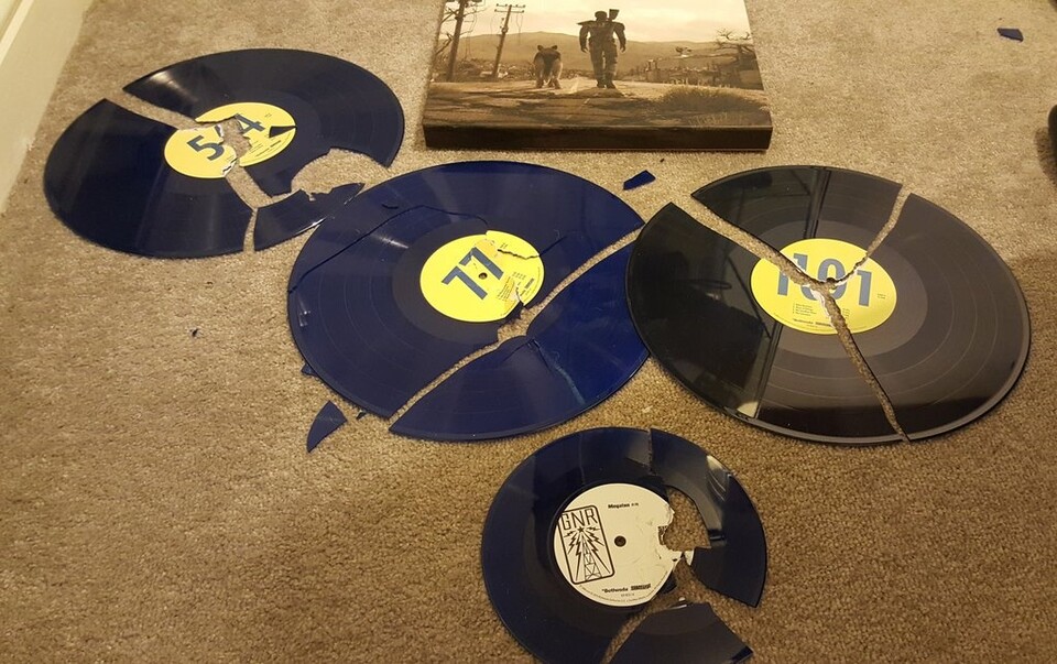 Das Beweisfoto für den Kundensupport der absichtlich zerstörten Fallout 3 Schallplatten. Ein trauriger Anblick. Bildrechte: Paul Watson