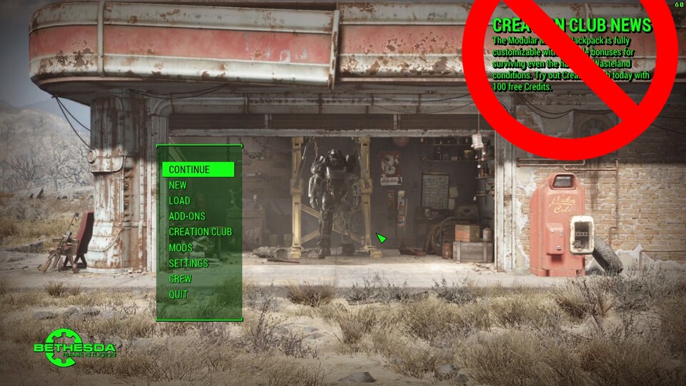 Eine Mod entfernt die Creation Club Newsmeldung im Hauptmenü von Fallout 4. 