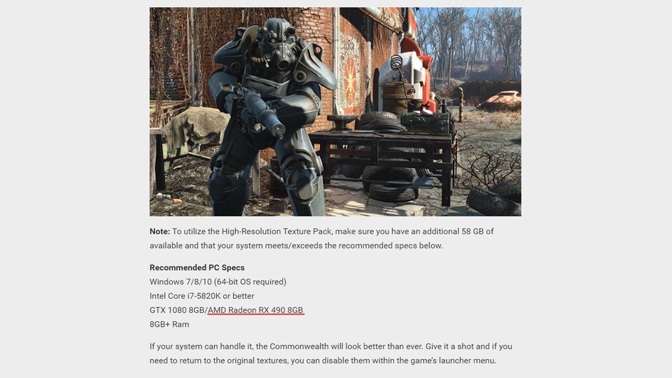 Das High Resolution Texture Pack für Fallout 4 benötigt laut offiziellen Angaben eine Geforce GTX 1080 oder sogar eine noch nicht veröffentlichte Radeon RX 490.
