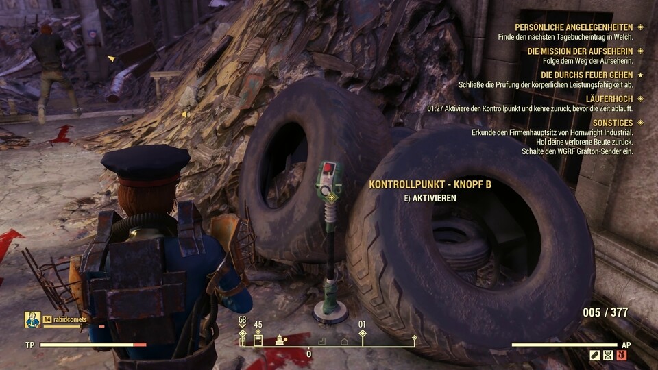 Drücke den Knopf, renne zum anderen Knopf, dann kehre zum ersten Knopf zurück: Eine Quest in Fallout 76.