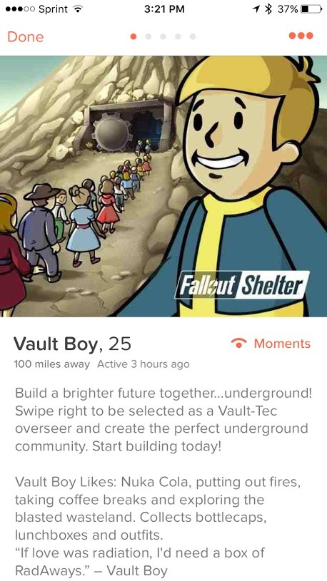 Fallout Shelter wird nun auch über die Casual-Dating-App Tinder beworben. Das sympathische Profil des Vault Boy soll zum Herunterladen des Mobile-Games animieren. 