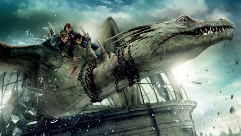 Harry, Hermine und Ron auf einem der Fantasy-Wesen, um die es in der neuen Filmreihe gehen soll.