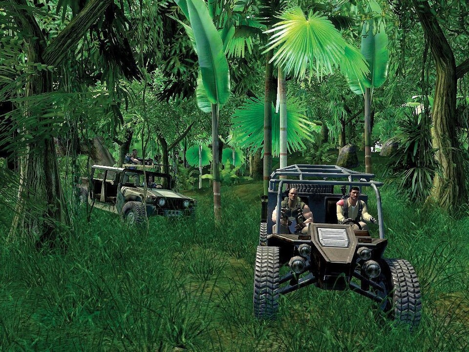 Im dichten Dschungel liefern sich Humvee und Buggy eine holperige Verfolgungsjagd.Durch das Gitter fällt echtzeit-berechnet fahles Sonnenlicht in den düsteren Gang.