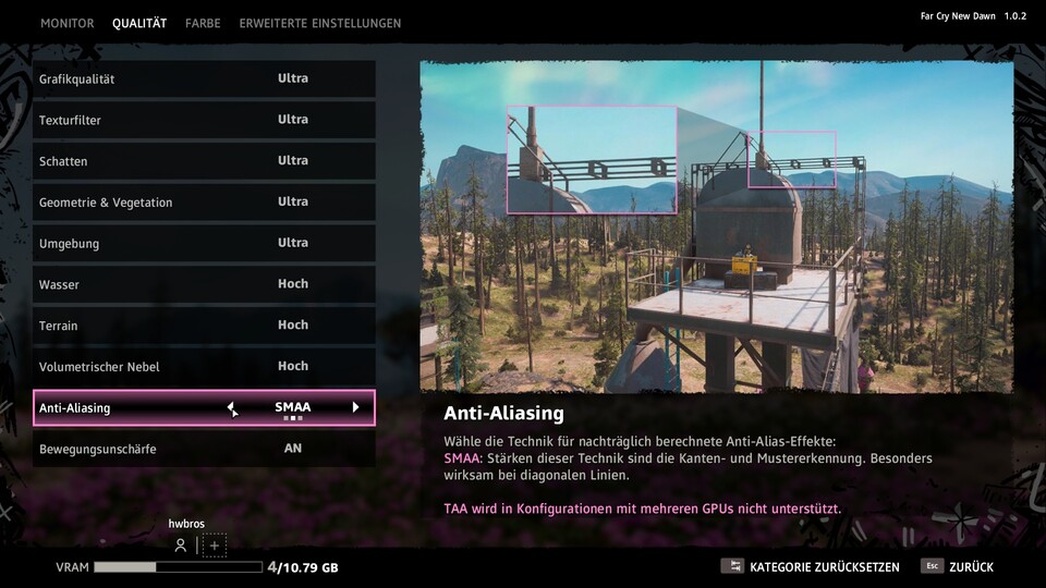 Das Grafikmenü von Far Cry New Dawn bietet wie von Far Cry 5 gewohnt viel Einstellungsvielfalt und hilfreiche Veranschaulichungen.