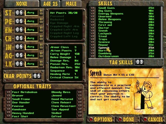 Charakterbaukasten: Das Skillsystem mit seinen coolen Perks (die hier in Fallout 2 noch Traits hießen) erlaubt zig Spielweisen.