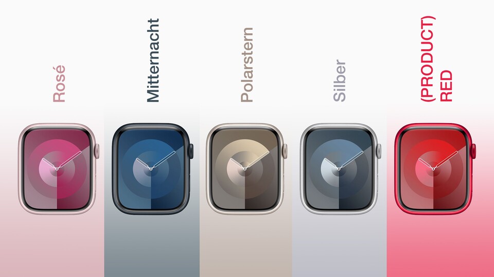 Die neue Apple Watch Series 9 ist in den Farben Mitternacht-Schwarz, Silber, Rosé , Polarstern und Rot erhältlich.