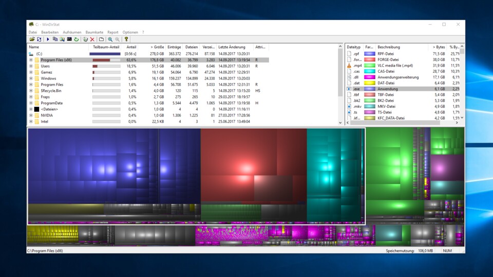 Das schlanke, aber sehr hilfreiche Freeware-Tool WinDirStat zeigt die größten Dateien und Ordner auf einem Datenträger sehr übersichtlich an.