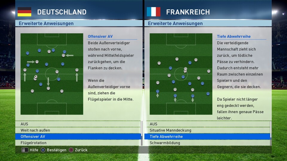 Links ist die DFB-Taktik zu sehen, bei der die Außenverteidiger weit aufrücken. Frankreich zieht sich darauf zurück – solche Taktikspiele machen PES 2017 spannend.