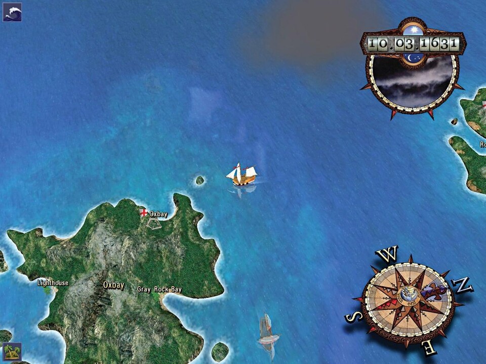Auf der Weltkarte segeln Sie von Insel zu Insel und weichen Stürmen (oben) aus.