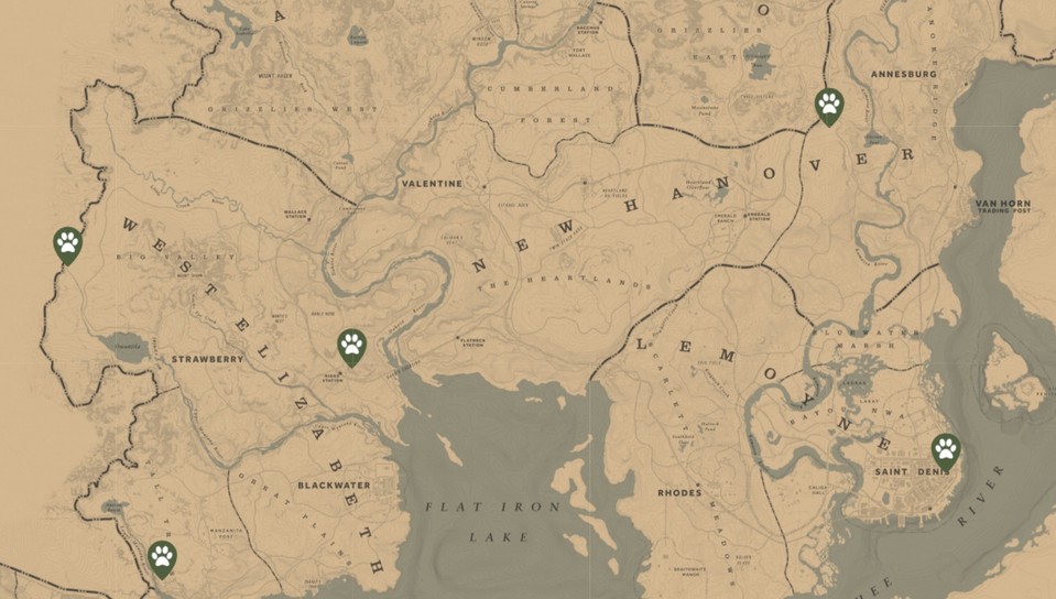 Auf der Karte sind alle Fundorte der Trapper markiert. Die Karte wurde mithilfe der Seite rdr2map.com erstellt.