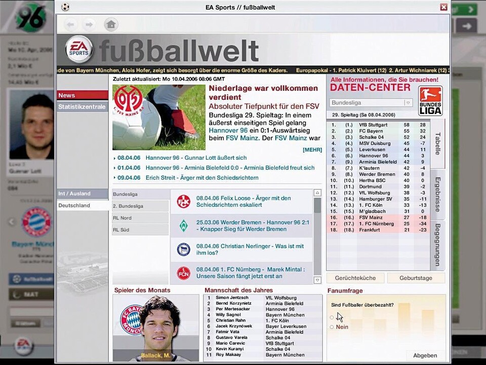 Die schöne »Webseite« Fußballwelt ersetzt die Zeitung des FM 2005.