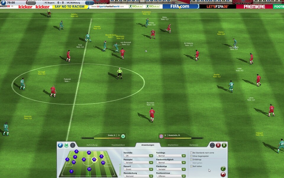 Die neuen Spielszenen erstrahlen in Fifa-09-Optik und wahlweise auch im Breitbild-Format. Am unteren Bildschirmrand können Sie jetzt ohne Menü-Umwege die Kicker-Anweisungen ändern.