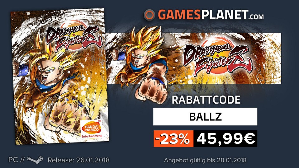 Wer mit Dragonball Fighter Z und Son Goku in die Schlacht ziehen will, kann mit dem Gamesplanet-Gutschein-Code fünf Euro sparen! Außerdem stehen zahlreiche Ubisoft-Spiele im Angebot.