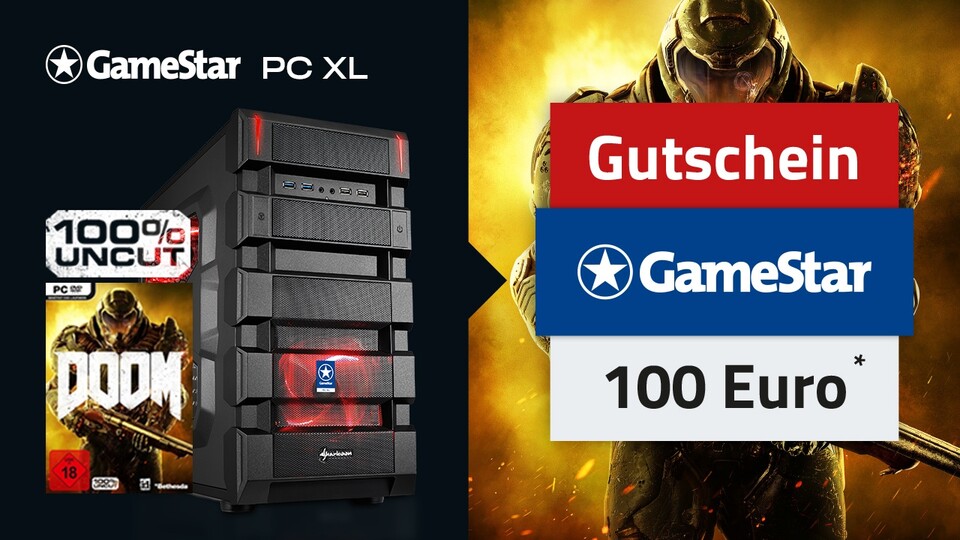 Beim Kauf unseres Bestsellers One GameStar-PC XL gibt es die Vollversion des neuen DOOM und einen 100 Euro Gutschein dazu.