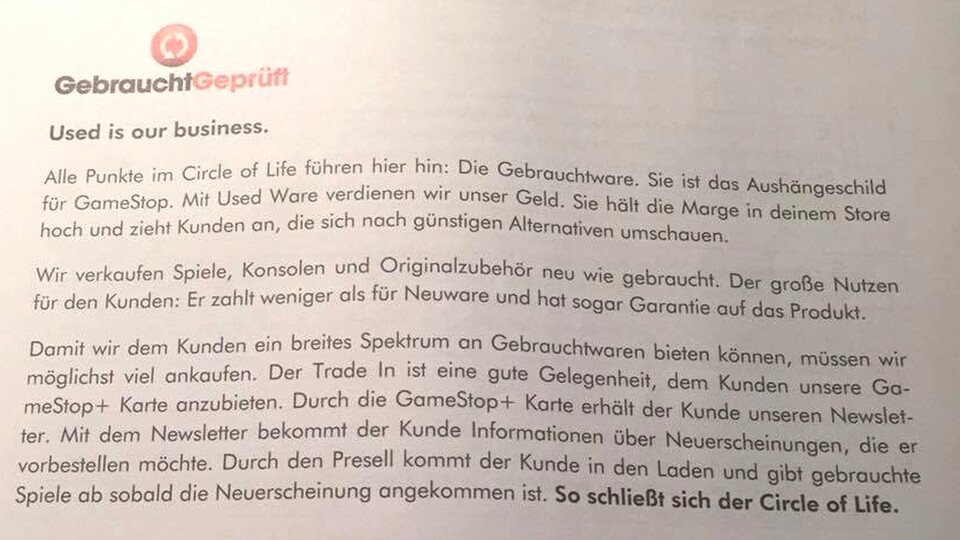 Screenshot aus dem GameStop-Ausbildungsheft: Mit diesen Mitteln will GameStop den Kunden an sich binden. Mitarbeiter kritisieren, dass das nicht zum Wohl des Kunden sei.