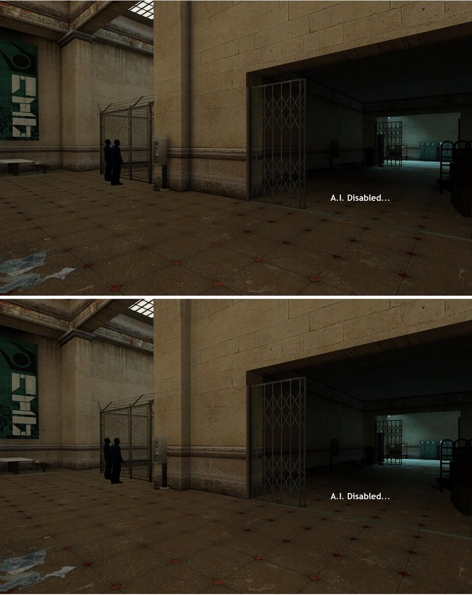 An den Mauerkanten im linken Bildbereich dieser Half-Life-2-Szene erkennen Sie deutlich den Vorteil von Ambient Occlusion (oben) im Vergleich zur normalen Darstellung (unten).