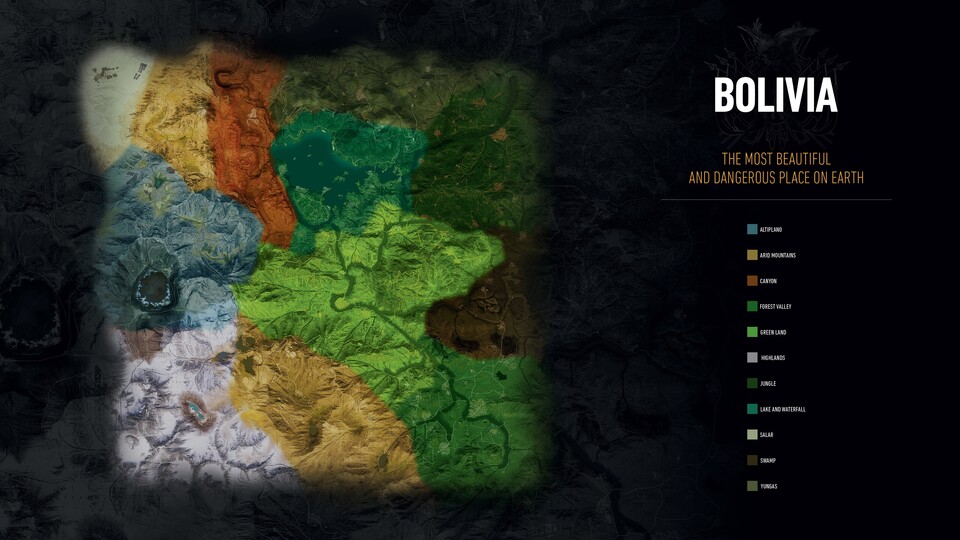 Die farbigen Flächen markieren die unterschiedliche Klimazonen, die in Ghost Recon: Wildlands zu finden sind.