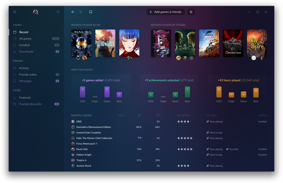 Auf der Startseite GOG Galaxy 2.0 bekommen wir plattformübergreifende Statistiken angezeigt, und sehen nicht nicht, was wir zuletzt gespielt haben, sondern auch unsere Freunde.