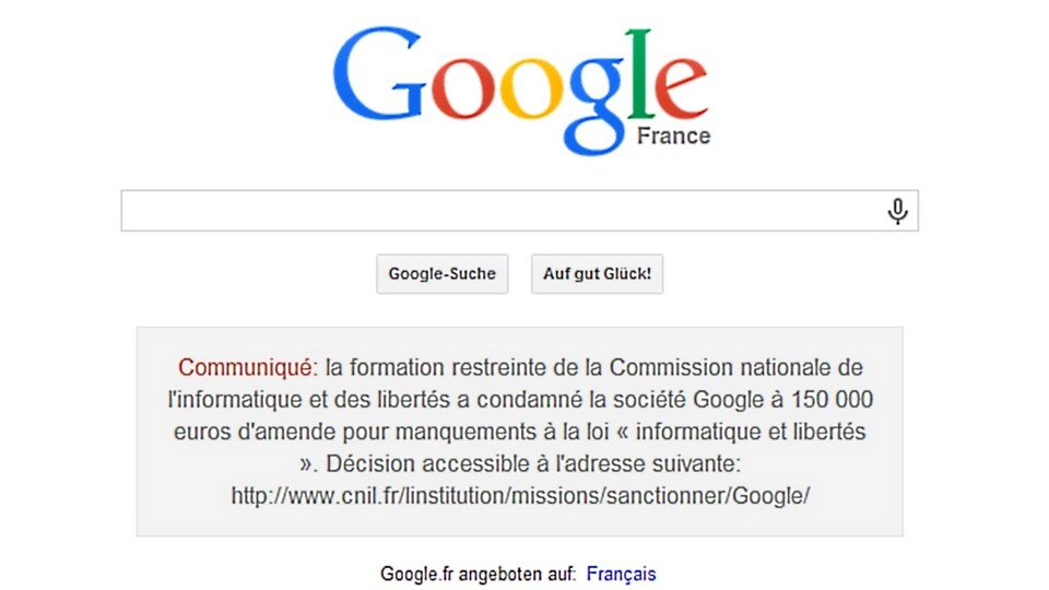 Google muss in Frankreich auf seine Datenschutz-Verstöße und das entsprechende Urteil hinweisen.