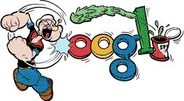 Das E ist eine Spinatdose. Das ist vermutlich der wahre Grund für diese Aggression von Popeye gegenüber dem Google-Logo.