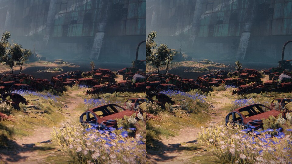 Links ist Destiny 2 per Stadia und WLAN-Verbindung zu sehen, rechts die Steam-Version mit maximalen Details. Letztere bietet ein klar schärferes Bild, außerdem ist die Sichtweite der Vegetation höher als bei der Stadia-Version. Im Spielgeschehen selbst fallen die Unterschiede aber nicht so stark auf.